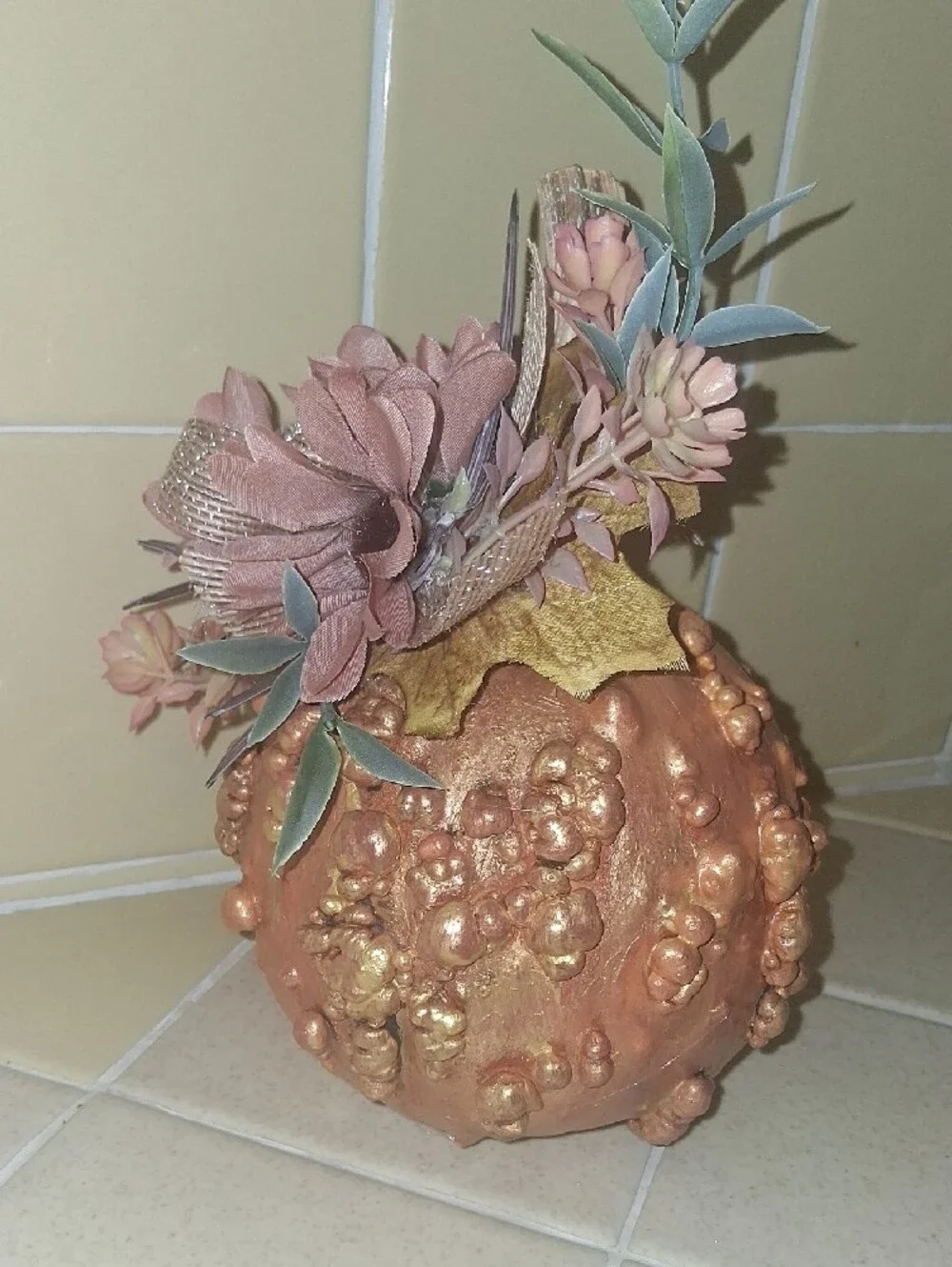 Dried Orange Decorative Pumpkin with Pink Floral Accent